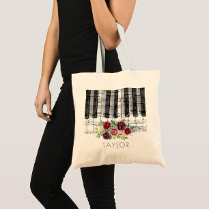 Bolso De Tela piano marsala de música decoración de flores rojas