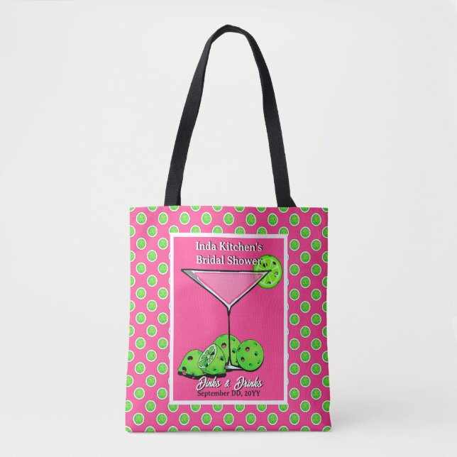 Bolso De Tela Pickleball Dinks & Drinks Rosa y Verde Personaliza (Anverso)