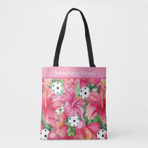 Bolso De Tela 🌺 🌴 Pickleball tropical con hibisco, con texto