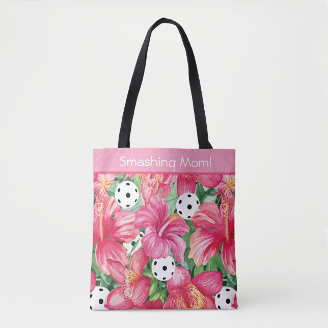 Bolso De Tela 🌺 🌴 Pickleball tropical con hibisco, con texto (Anverso)