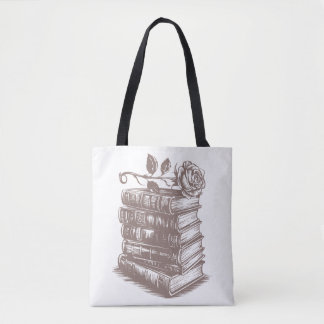 Bolso De Tela Pila de Libros coronada con una Rosa