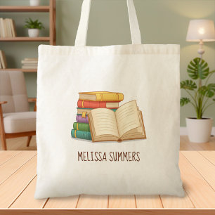 Bolso De Tela Pila de Libros y Libro Abierto Nombre Personalizad