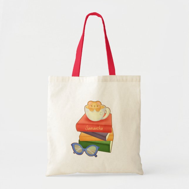 Bolso De Tela Pila De Libros Y Oso De Té (Frente)