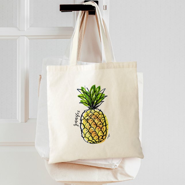 Bolso De Tela Piña Acuarela Personalizada (Watercolor Pineapple Personalized Tote Bag)