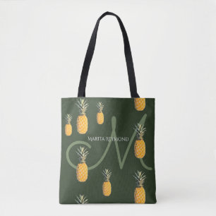 Bolso De Tela piñas con nombre y inicial en verde oscuro