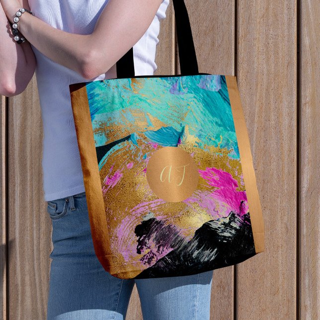 Bolso De Tela Pincel de arte moderno pinceladas oro azul monogra (Subido por el creador)