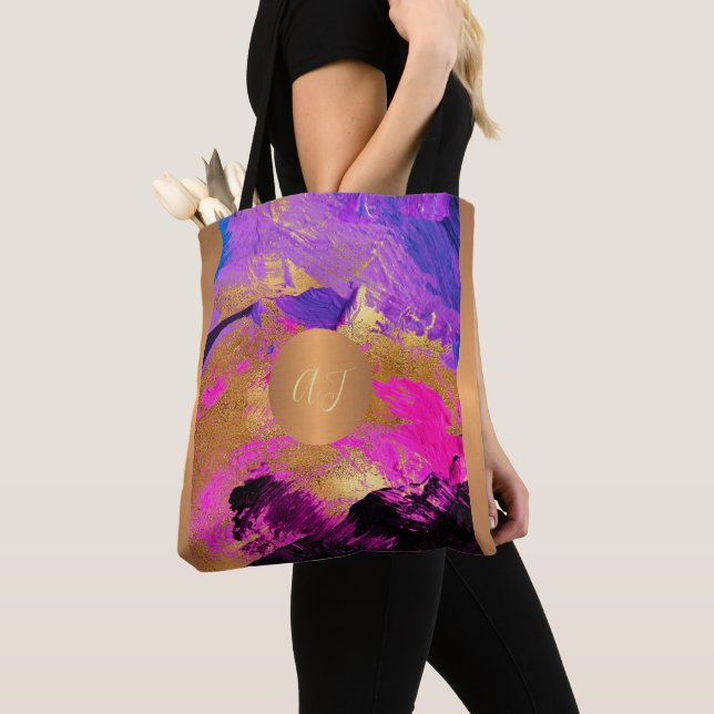 Bolso De Tela Pincel de arte moderno pinceladas oro morado monog (Detalle)