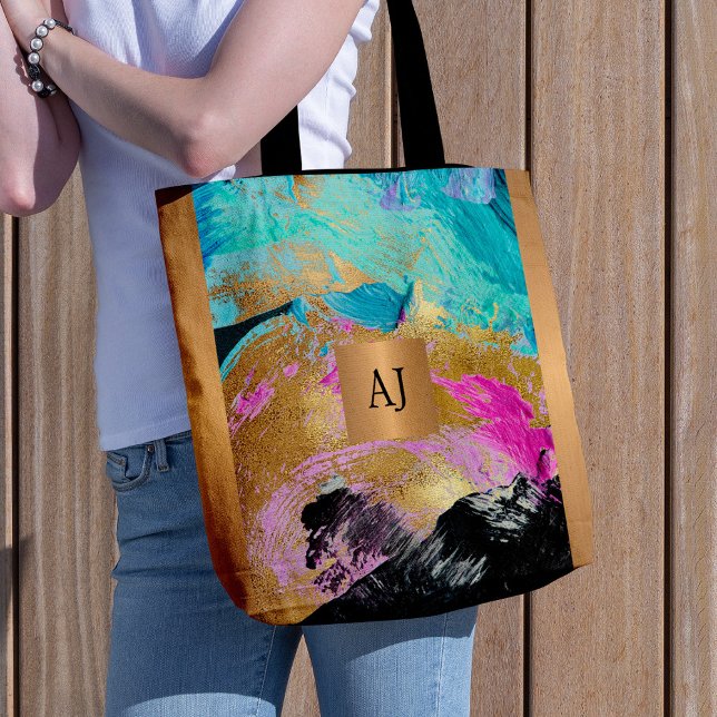 Bolso De Tela Pincel de arte moderno pinceladas oro negro monogr (Subido por el creador)