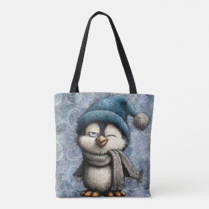 Bolso De Tela Pingüino azul lindo de invierno con sombrero y buf