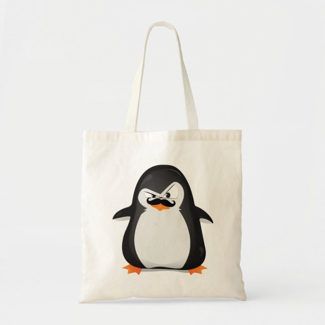 Bolso De Tela Pingüino Blanco Negro Y Mustache Fundido (Frente)