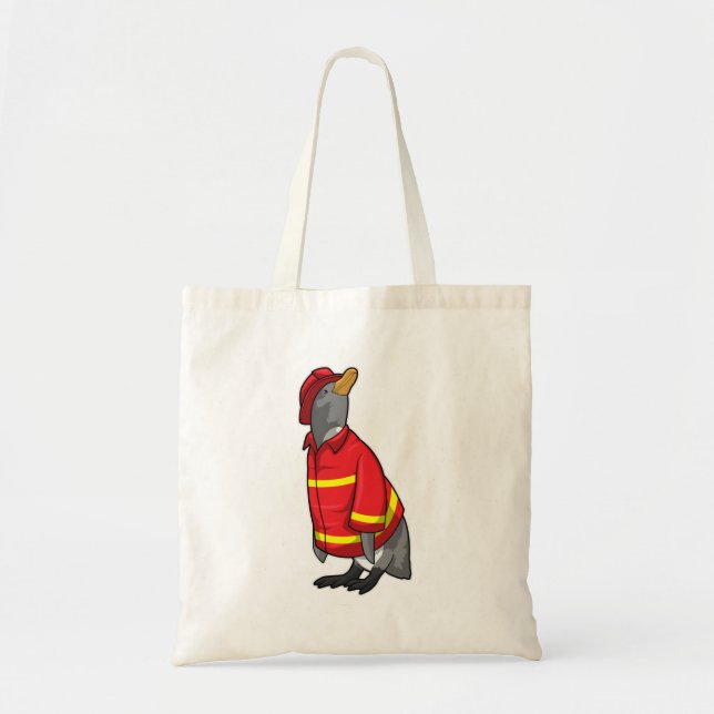 Bolso De Tela Pingüino como bombero con casco (Frente)