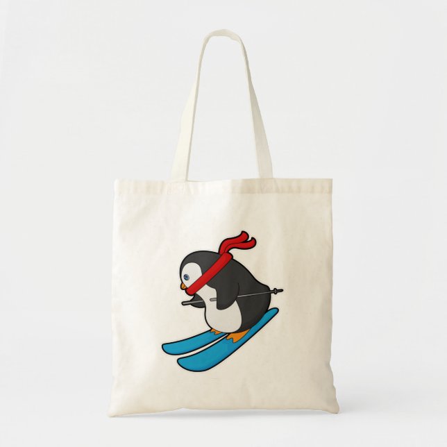 Bolso De Tela Pingüino como esquiador con esquí (Frente)