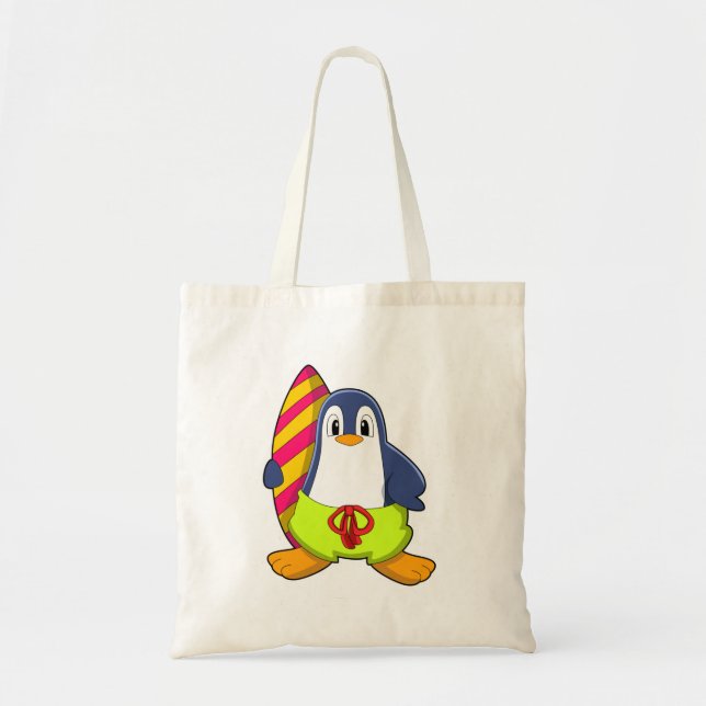 Bolso De Tela Pingüino como surfista con tabla de surf (Frente)