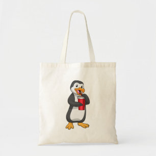 Bolso De Tela Pingüino con taza de bebida con paja