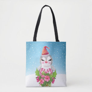 Bolso De Tela Pingüino de Navidades burdos en Santa Hat