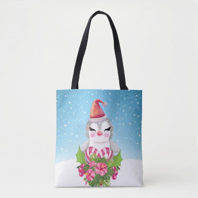 Bolso De Tela Pingüino de Navidades burdos en Santa Hat (Anverso)