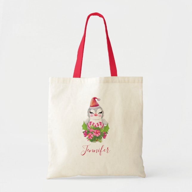 Bolso De Tela Pingüino de Navidades burdos en Santa Hat (Frente)