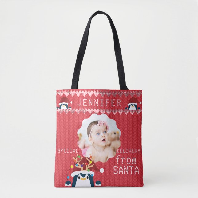 Bolso De Tela Pingüino divertido tu nombre de foto bebé pequeño  (Anverso)