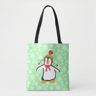 Bolso De Tela Pingüino Lindo con Fondo de Copos de Nieve