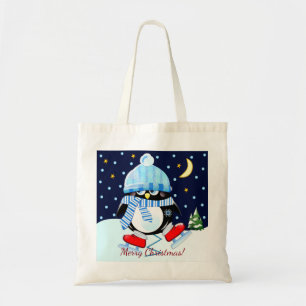 Bolso De Tela Pingüino navidad tratando de patinar + texto perso