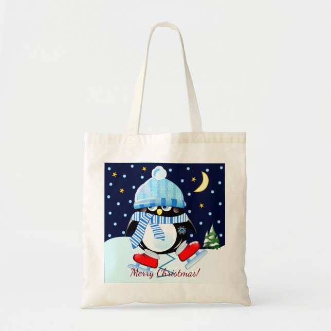 Bolso De Tela Pingüino navidad tratando de patinar + texto perso (Frente)