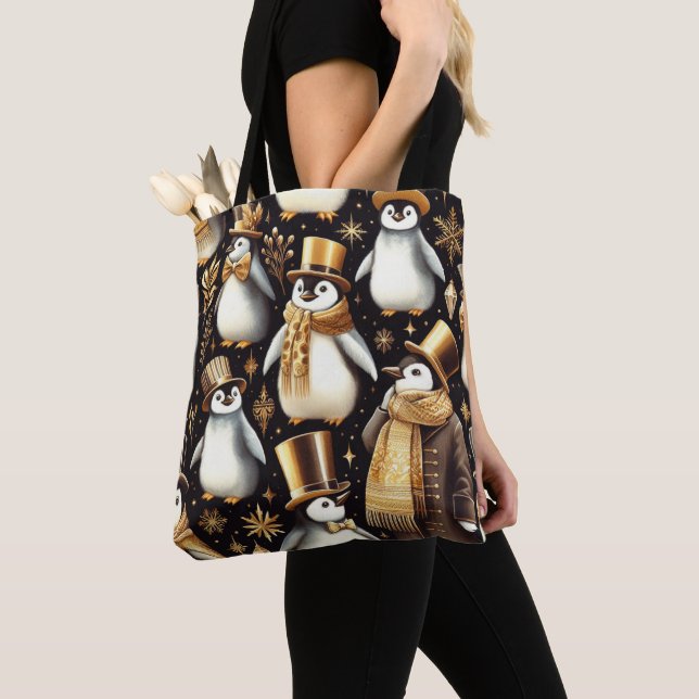 Bolso De Tela Pingüino negro y dorado (Detalle)