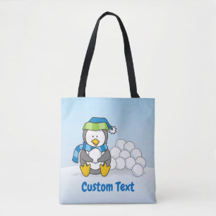 Bolso De Tela Pingüino pequeño sentado con bolas de nieve en la