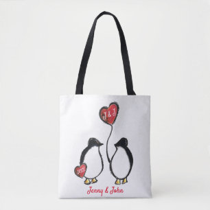 Bolso De Tela Pingüino y corazones boda/ aniversario