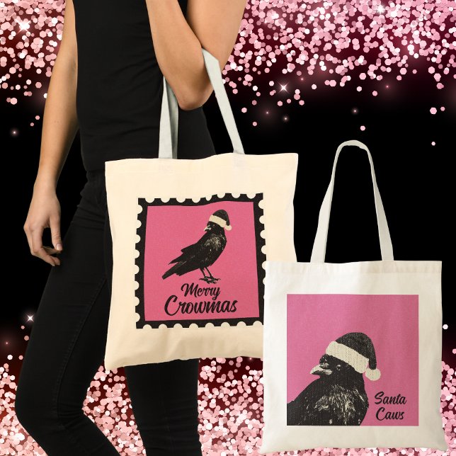 Bolso De Tela Pink and Black Gothic Crow Merry Crowmas Holiday (Cute pink & black Christmas tote with crow wearing a Santa hat. Merry Crowmas to all from Santa Caws)
