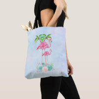 Pink Flamingo Momma & Baby with Palm Trete