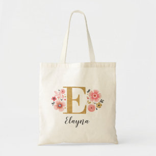 Bolso De Tela Pink Gold Floral Monogram Letter "E"