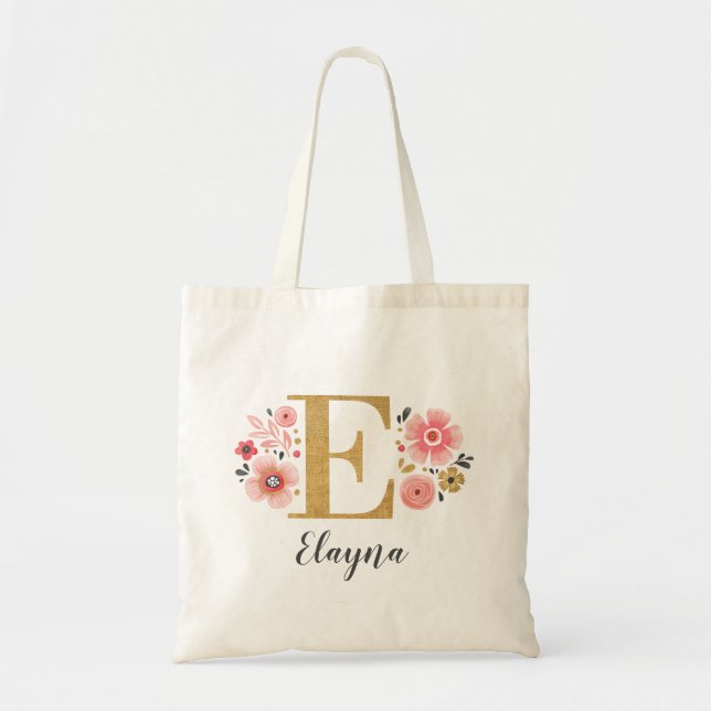 Bolso De Tela Pink Gold Floral Monogram Letter "E" (Frente)
