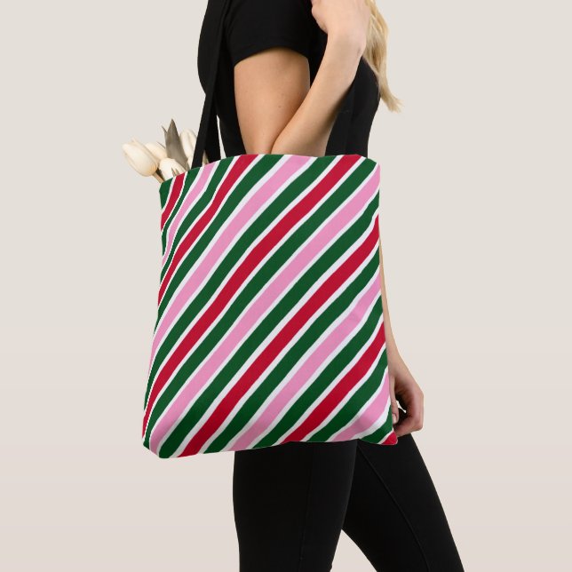 Bolso De Tela  Pink Green and Red Christmas Candy Cane Stripes  (Detalle)