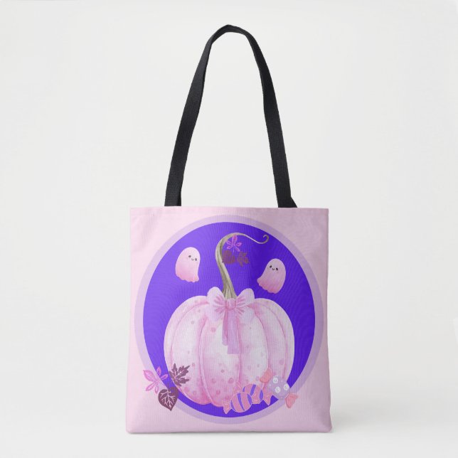 Bolso De Tela Pink Halloween Coquette Pumpkin with Ghosts (Anverso)
