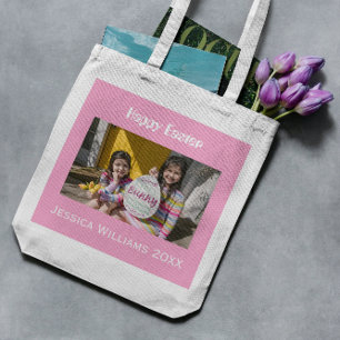 Bolso De Tela Pink Happy Easter Custom Name Photo Cute Egt Hunt