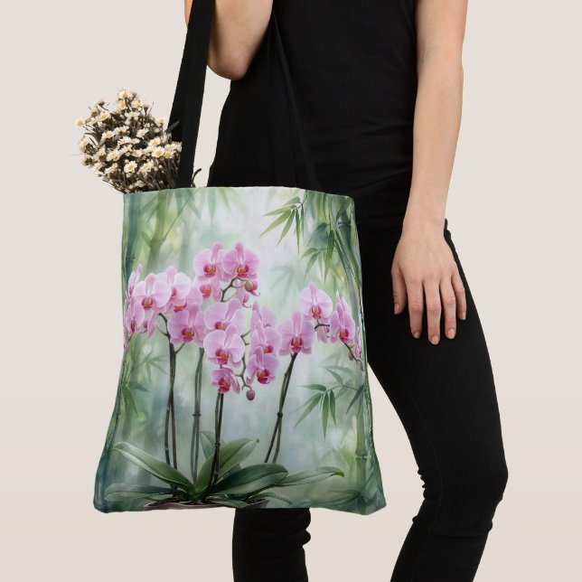 Bolso De Tela Pink Orchid Plant On Bamboo Background (Detalle)