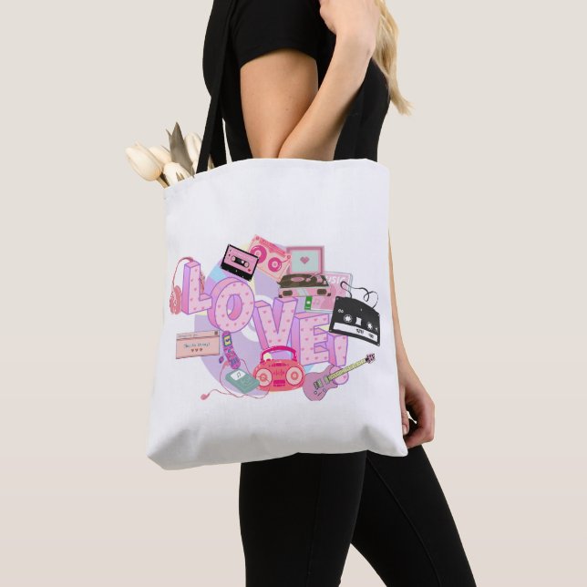 Bolso De Tela Pink Retro LOVE Tote – 90s Hits & Early 2000s  (Detalle)
