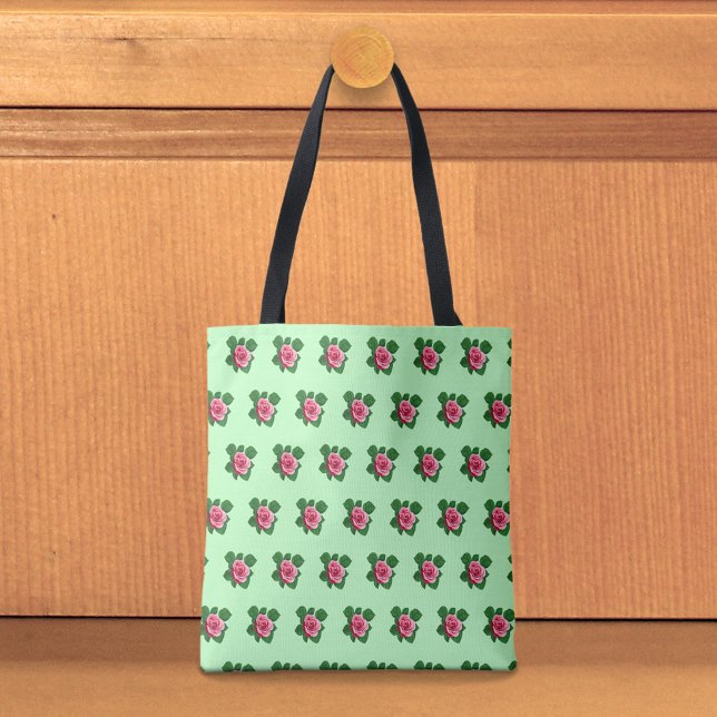 Bolso De Tela Pink Rose Seamless Pattern on Light Green Tote Bag (Light green tote bag with seamless pattern of a pink rose)