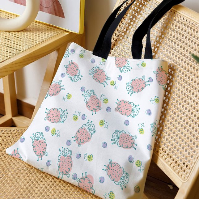 Bolso De Tela Pink Sheep with Flowers & Berries - Cute Pattern (Subido por el creador)