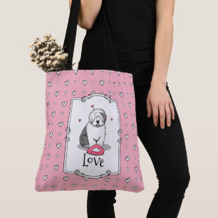 Bolso De Tela Pink Valentine Old English Sheepdog Gray 1 Fun