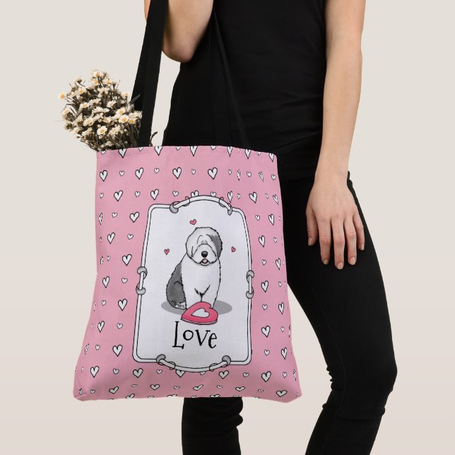 Bolso De Tela Pink Valentine Old English Sheepdog Gray 1 Fun (Detalle)