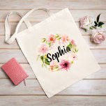 Bolso De Tela Pink Watercolor Flowers Wreath Bridesmaid Name<br><div class="desc">Personalized tote bag design features a monogram of a name in black modern script writing framed by a beautiful watercolor painted floral design with pastel pink,  blush,  and peach spring dahlia and rose flowers paired with vibrant green foliage. Makes a great gift for your wedding party / bridesmaids!</div>