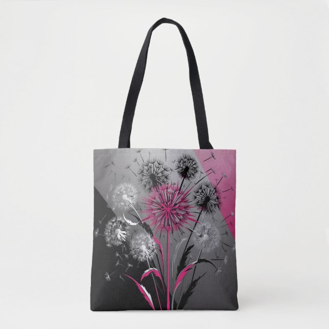 Bolso De Tela Pink, White Black Dandelions  (Anverso)