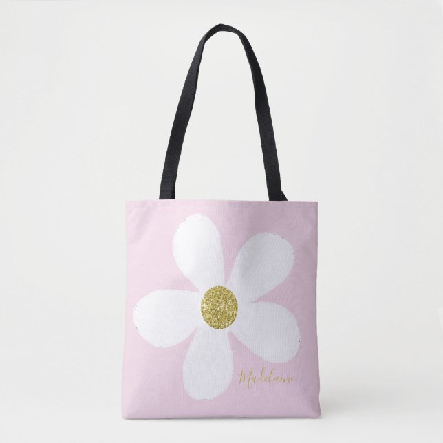 Bolso De Tela Pink White Simple Daisy Gold Personal (Anverso)