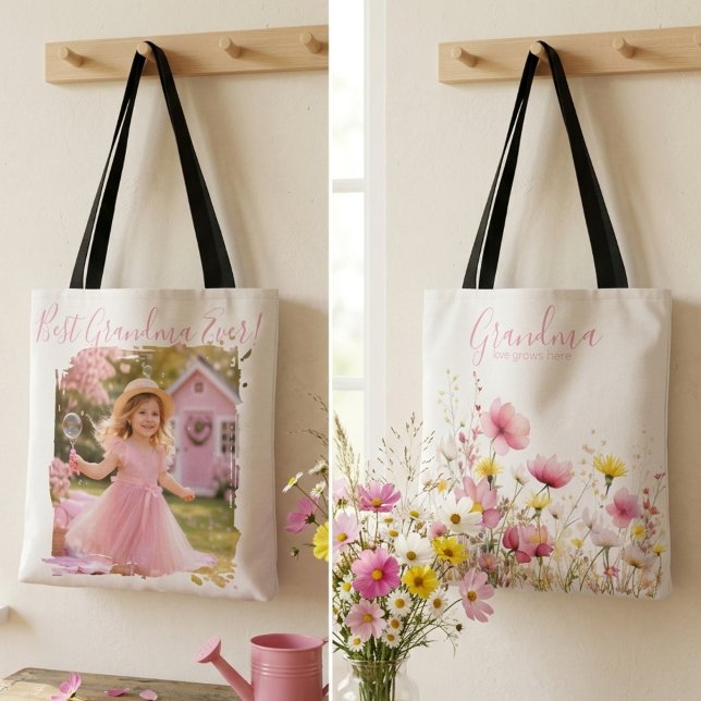 Bolso De Tela Pink Wildflower Grandma (Pink wildflower grandma photo tote)