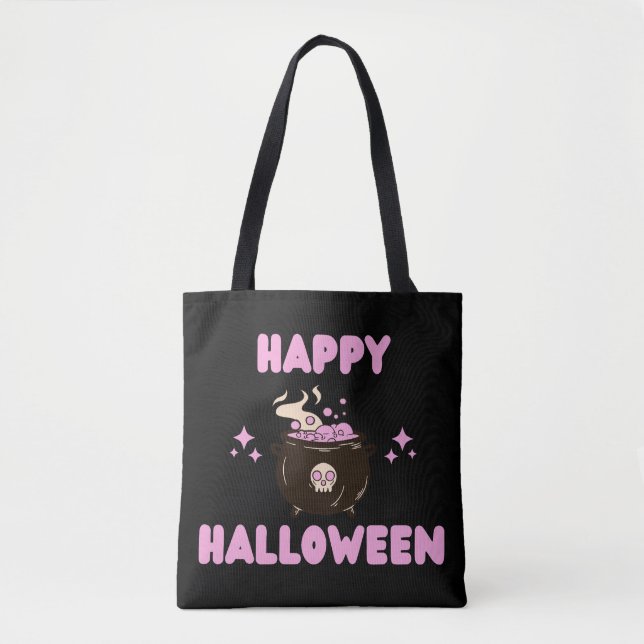 Bolso De Tela Pink Witch Cauldron Happy Hallowen (Anverso)