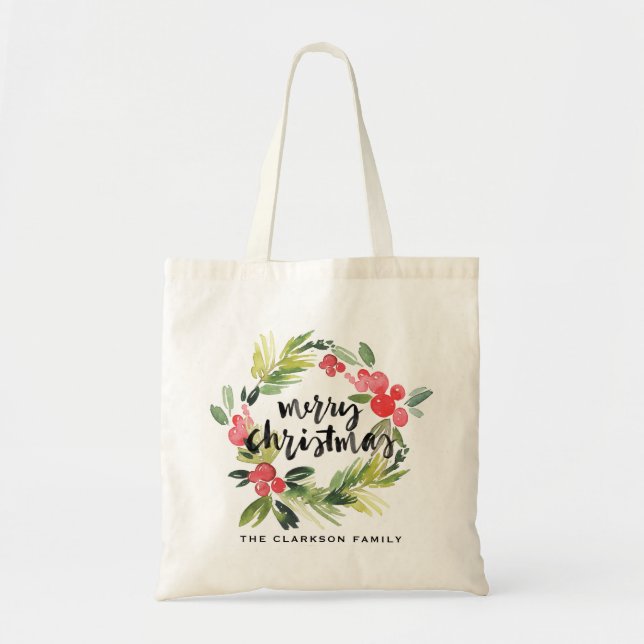 Bolso De Tela Pino acuarela y Holly Wreath Feliz Navidad (Frente)