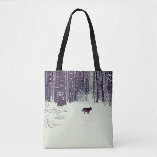 Bolso De Tela Pino nevado de invierno, perro caminando por los b
