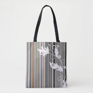 Bolso De Tela Pinstripe gris y diseño floral