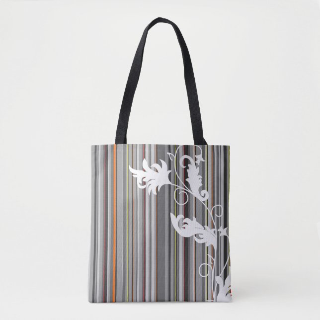 Bolso De Tela Pinstripe gris y diseño floral (Anverso)